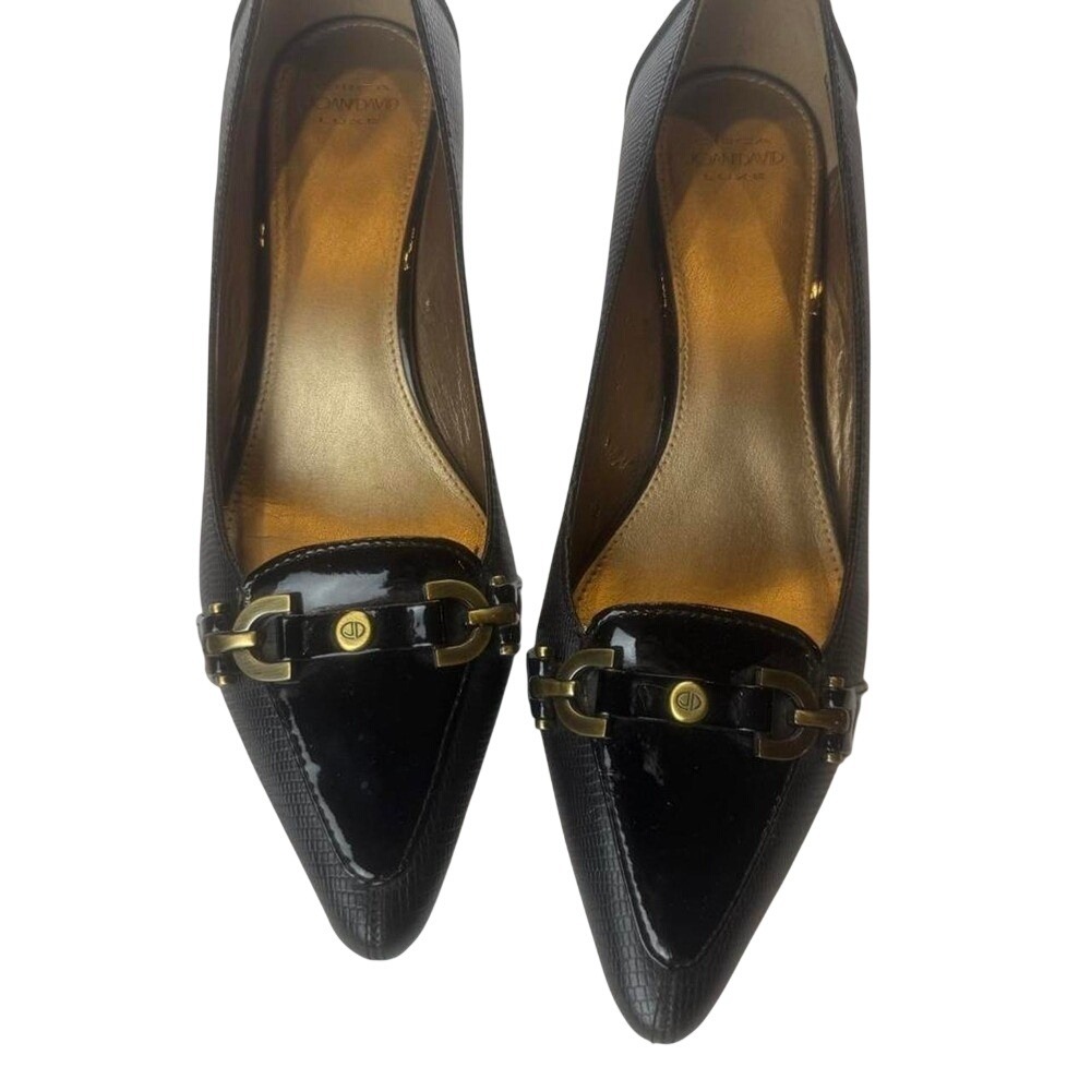 Circa Joan & David Luxe Black Pointed Toe Kitten Heel Pumps Gold Horsebit